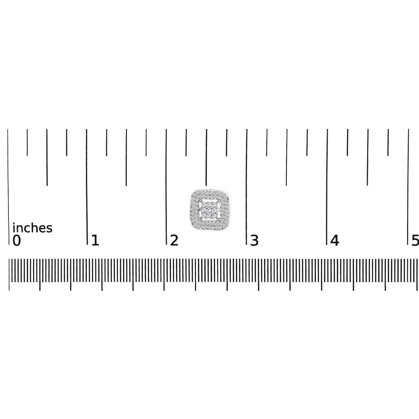 Close-up image of a white metal square-shaped earring with princess-shaped white gemstones in the center with an invisible setting, surrounded by round-shaped white gemstones in prong settings, placed on a ruler for size reference.