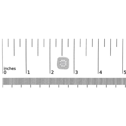 Close-up image of a white metal square-shaped earring with princess-shaped white gemstones in the center with an invisible setting, surrounded by round-shaped white gemstones in prong settings, placed on a ruler for size reference.