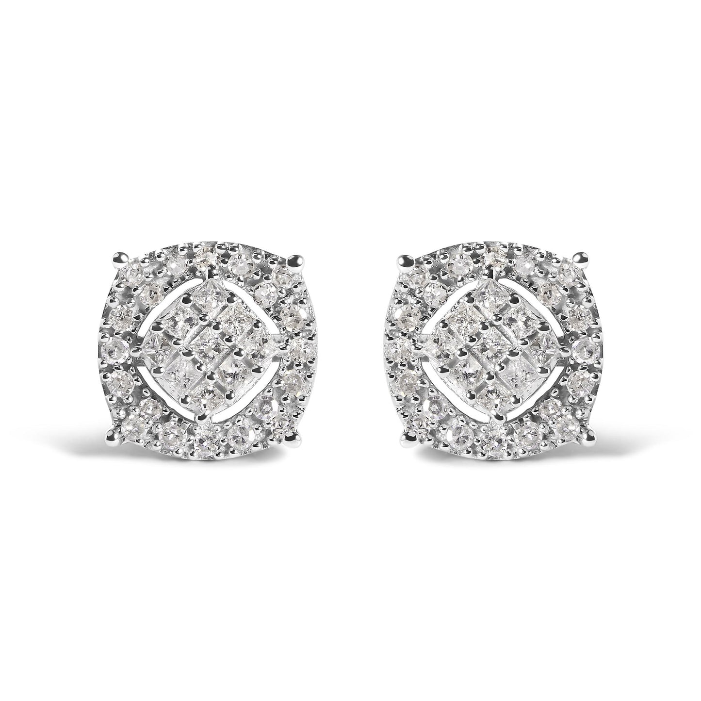 Front view of a pair of white metal stud earrings featuring a cluster of princess shape and round shape white gemstones in invisible and prong settings.