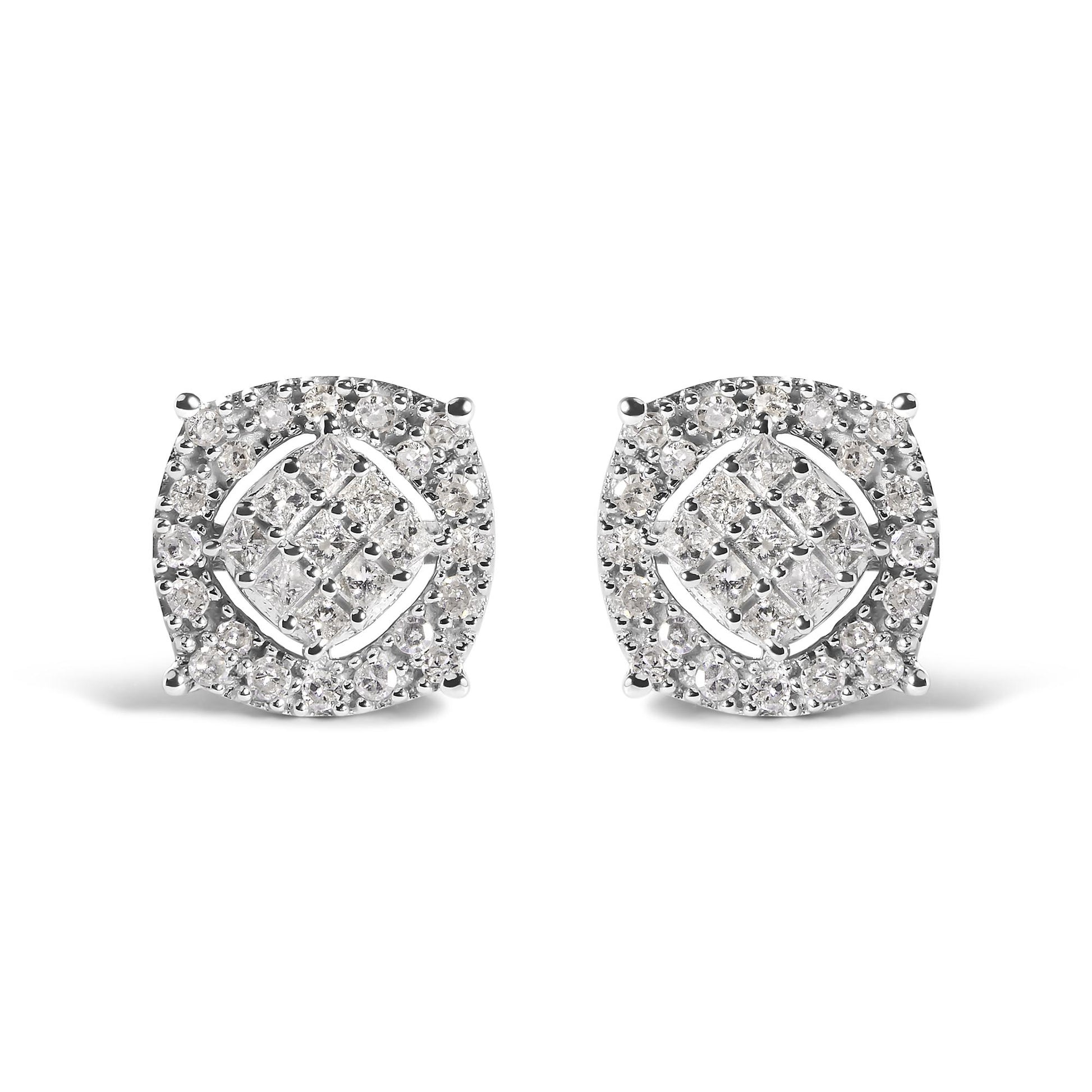 Front view of a pair of white metal stud earrings featuring a cluster of princess shape and round shape white gemstones in invisible and prong settings.