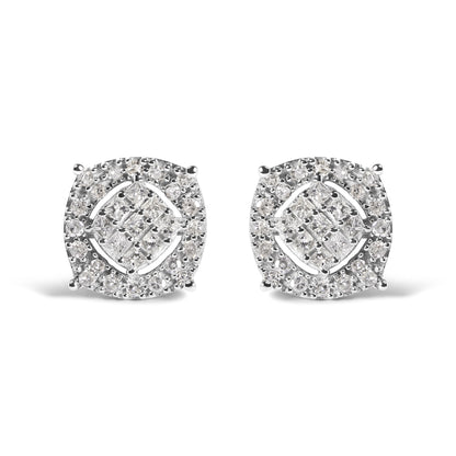 Front view of a pair of white metal stud earrings featuring a cluster of princess shape and round shape white gemstones in invisible and prong settings.