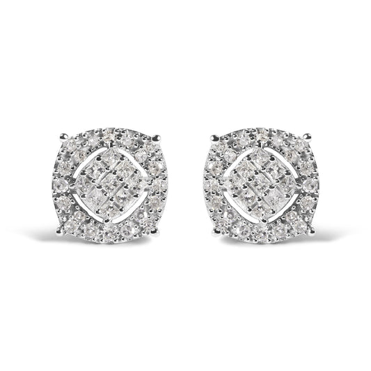 Front view of a pair of white metal stud earrings featuring a cluster of princess shape and round shape white gemstones in invisible and prong settings.