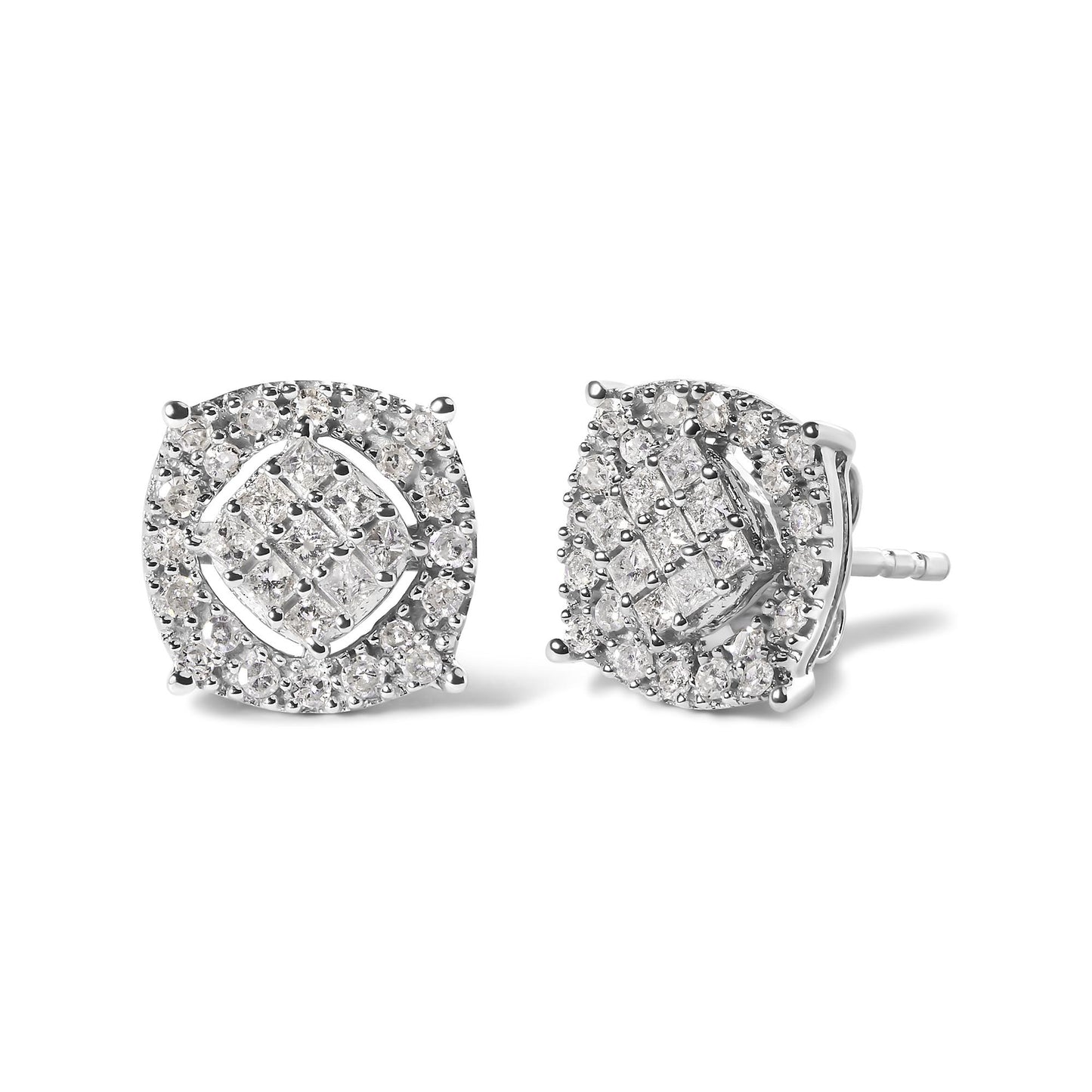 Pair of white metal stud earrings with square center cluster of princess-shaped white gemstones in invisible setting, surrounded by round white gemstones in prong setting, shown at a slight angle on a white background.