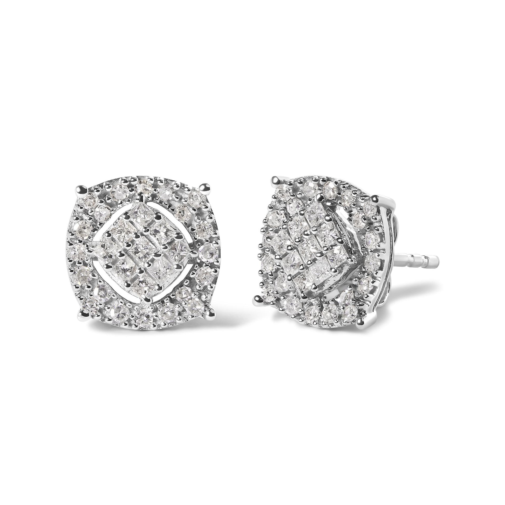 Pair of white metal stud earrings with square center cluster of princess-shaped white gemstones in invisible setting, surrounded by round white gemstones in prong setting, shown at a slight angle on a white background.
