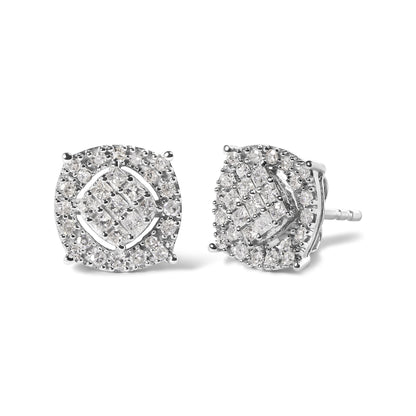 Pair of white metal stud earrings with square center cluster of princess-shaped white gemstones in invisible setting, surrounded by round white gemstones in prong setting, shown at a slight angle on a white background.