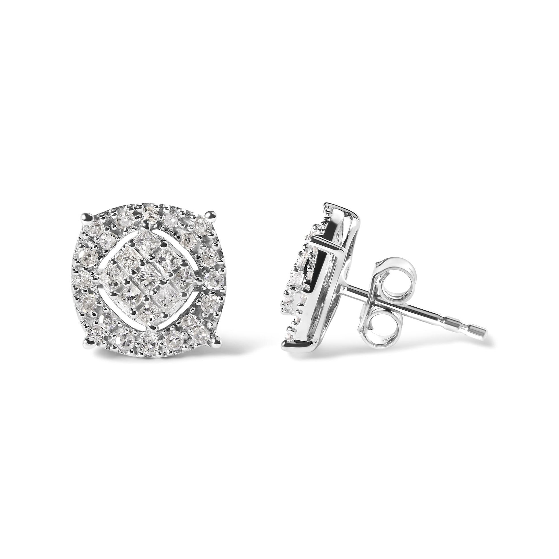 White metal stud earrings shown from front and side angles, each featuring a cluster of round and princess-shaped white gemstones in prong and invisible settings.