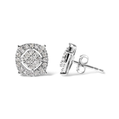 White metal stud earrings shown from front and side angles, each featuring a cluster of round and princess-shaped white gemstones in prong and invisible settings.