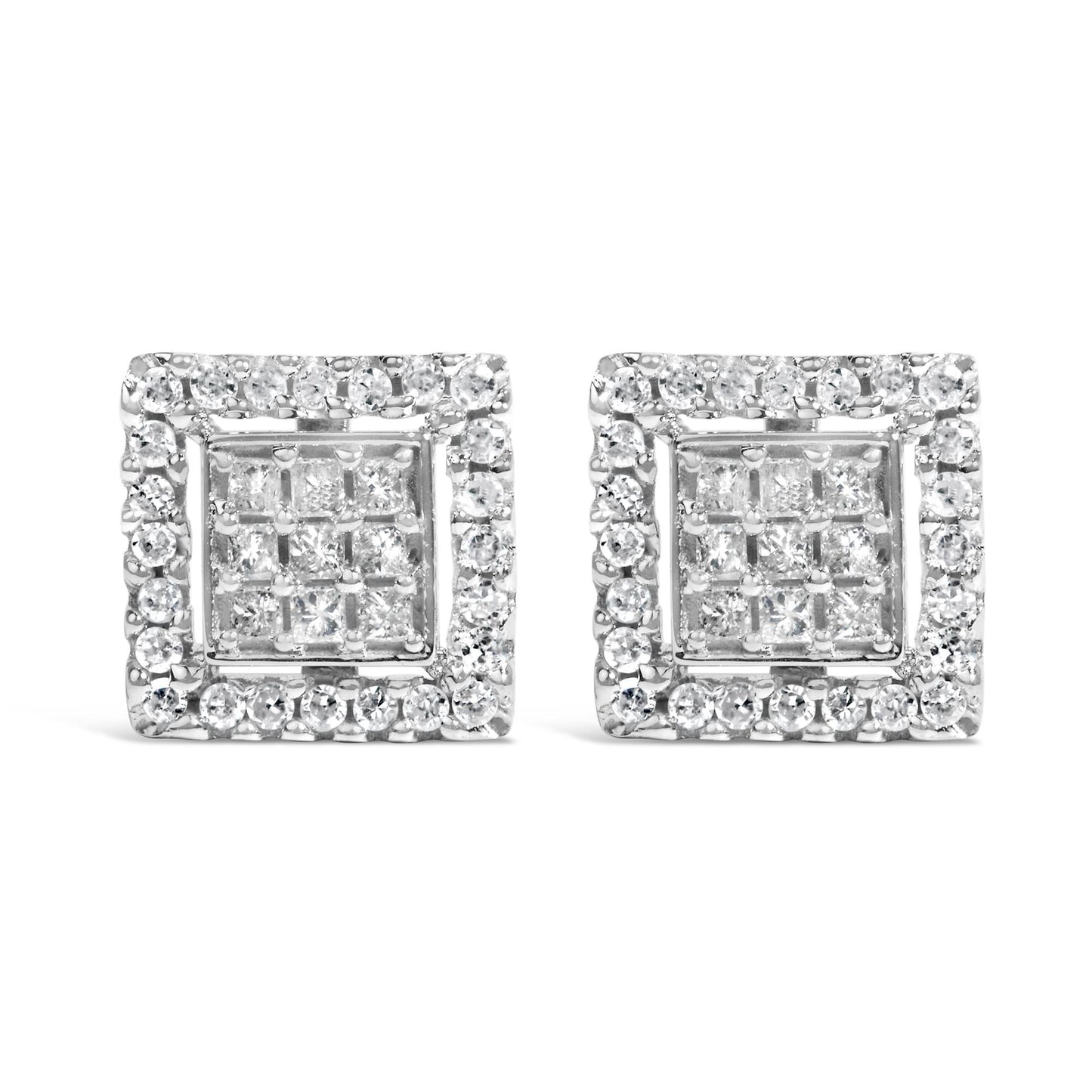 Front view of a pair of white metal square stud earrings featuring princess-shaped white gemstones in an invisible setting at the center, surrounded by round-shaped white gemstones in a prong setting.