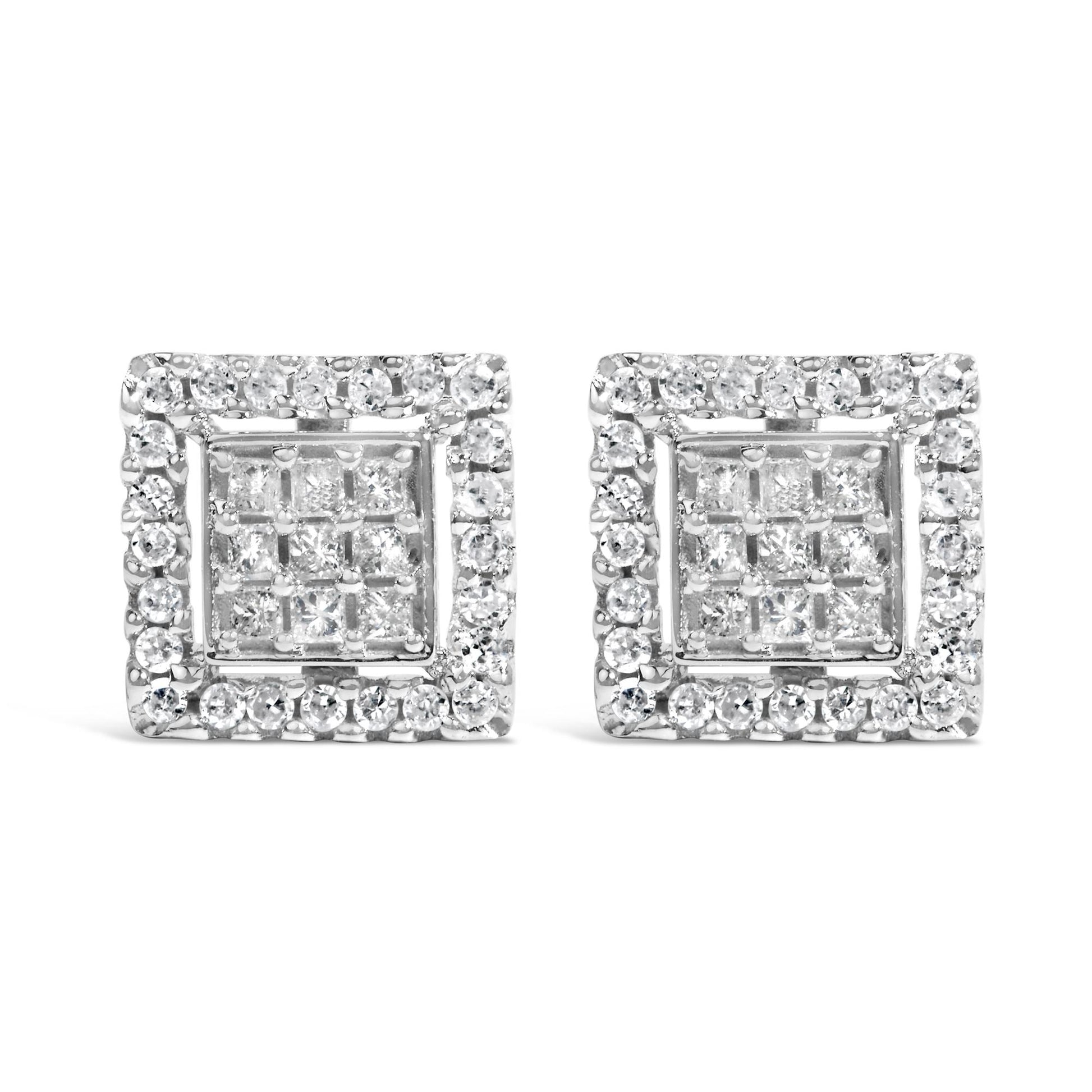Front view of a pair of white metal square stud earrings featuring princess-shaped white gemstones in an invisible setting at the center, surrounded by round-shaped white gemstones in a prong setting.