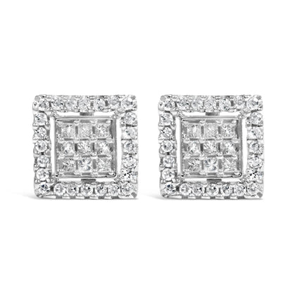 Front view of a pair of white metal square stud earrings featuring princess-shaped white gemstones in an invisible setting at the center, surrounded by round-shaped white gemstones in a prong setting.