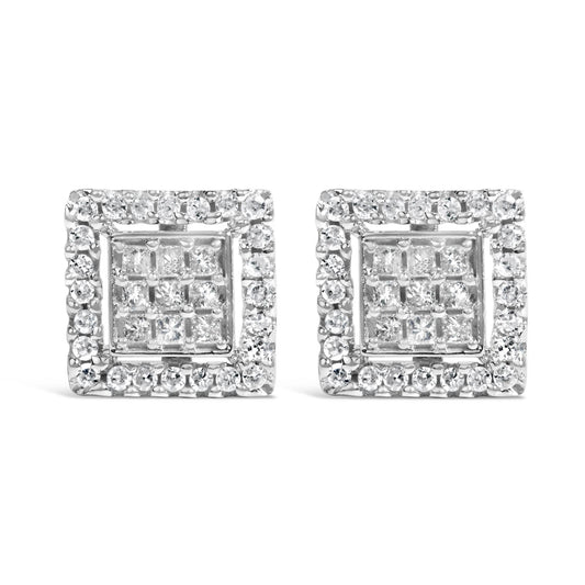 Front view of a pair of white metal square stud earrings featuring princess-shaped white gemstones in an invisible setting at the center, surrounded by round-shaped white gemstones in a prong setting.