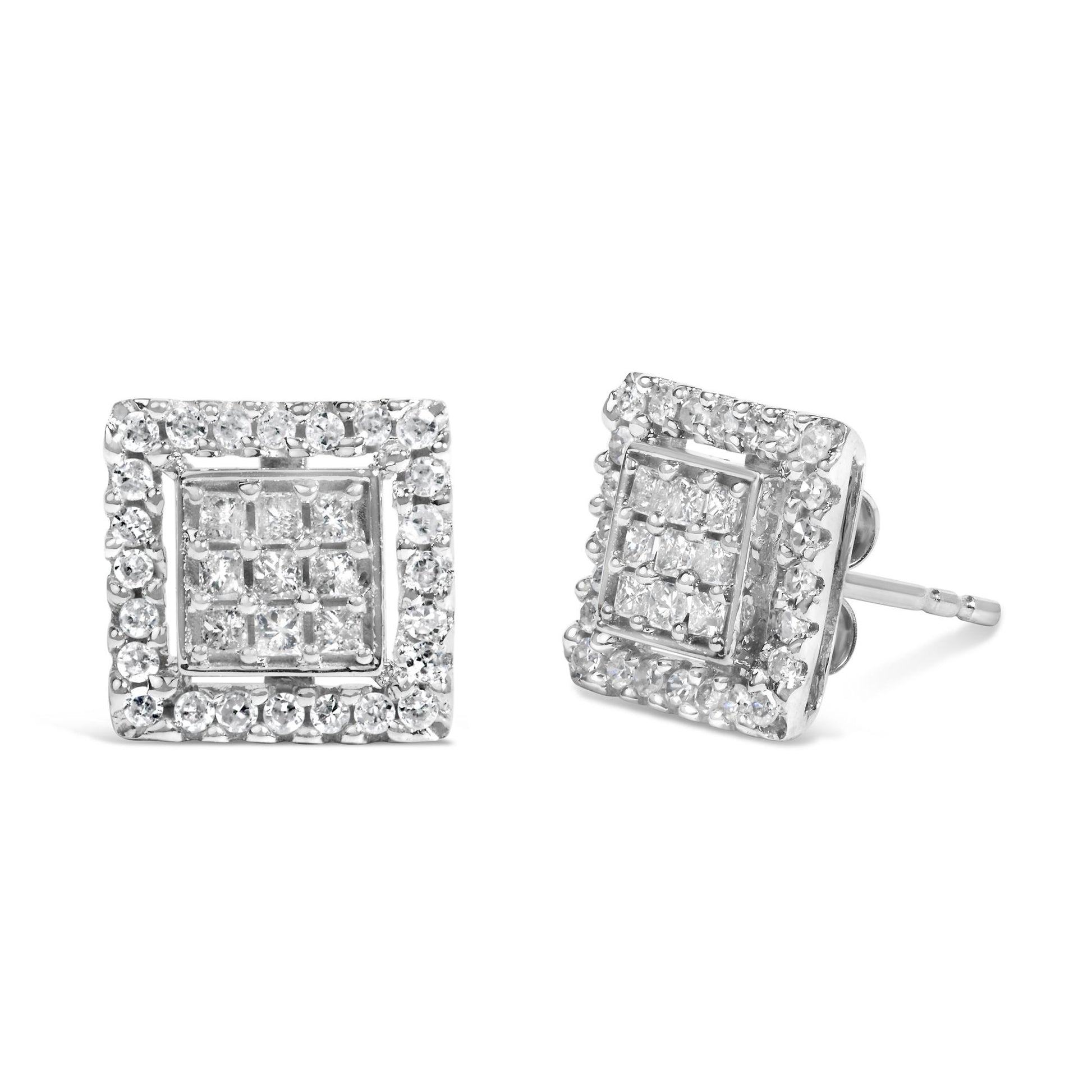 Pair of square white metal stud earrings with princess shape gemstones in invisible setting at the center, surrounded by round shape gemstones in prong setting, shown in a front and angled side view on a white background.