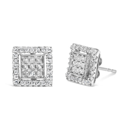 Pair of square white metal stud earrings with princess shape gemstones in invisible setting at the center, surrounded by round shape gemstones in prong setting, shown in a front and angled side view on a white background.