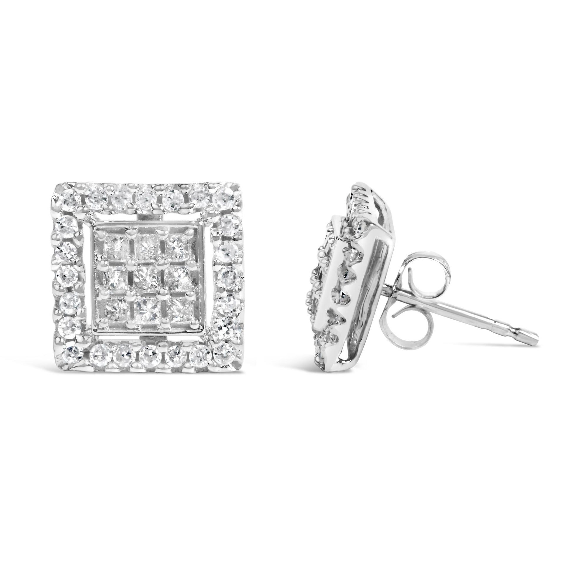 Front and side view of square white metal stud earrings featuring a center cluster of princess-shaped white gemstones with invisible setting, framed by round-shaped white gemstones with prong setting.