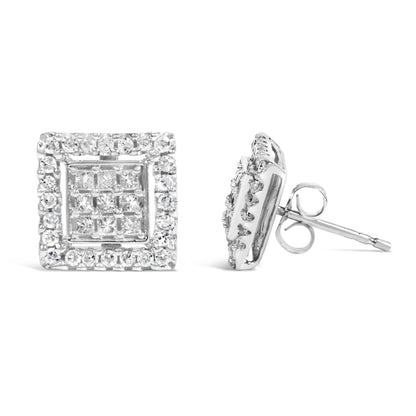 Front and side view of square white metal stud earrings featuring a center cluster of princess-shaped white gemstones with invisible setting, framed by round-shaped white gemstones with prong setting.