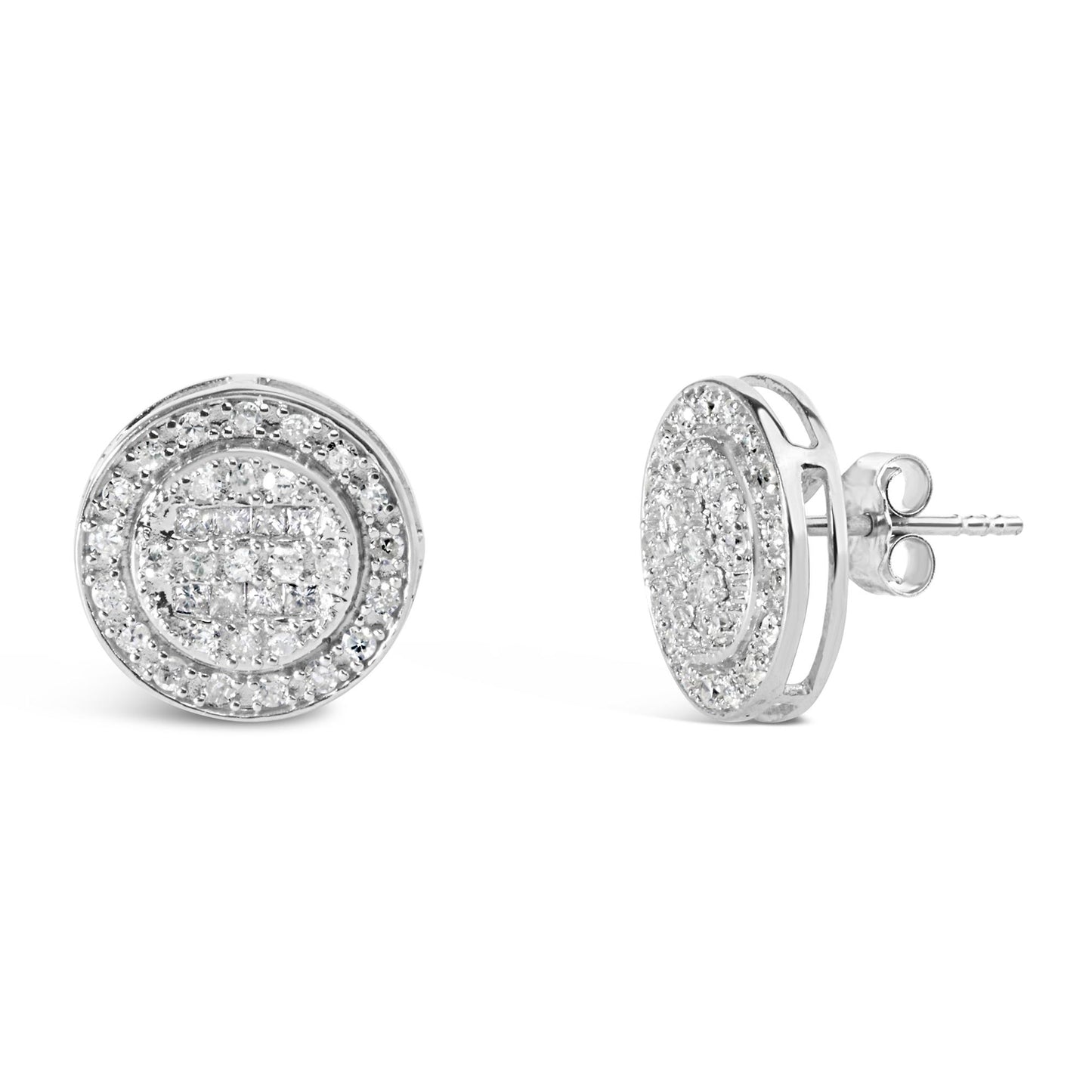 Front and side views of round white metal stud earrings with circular design featuring small round and square white gemstones.