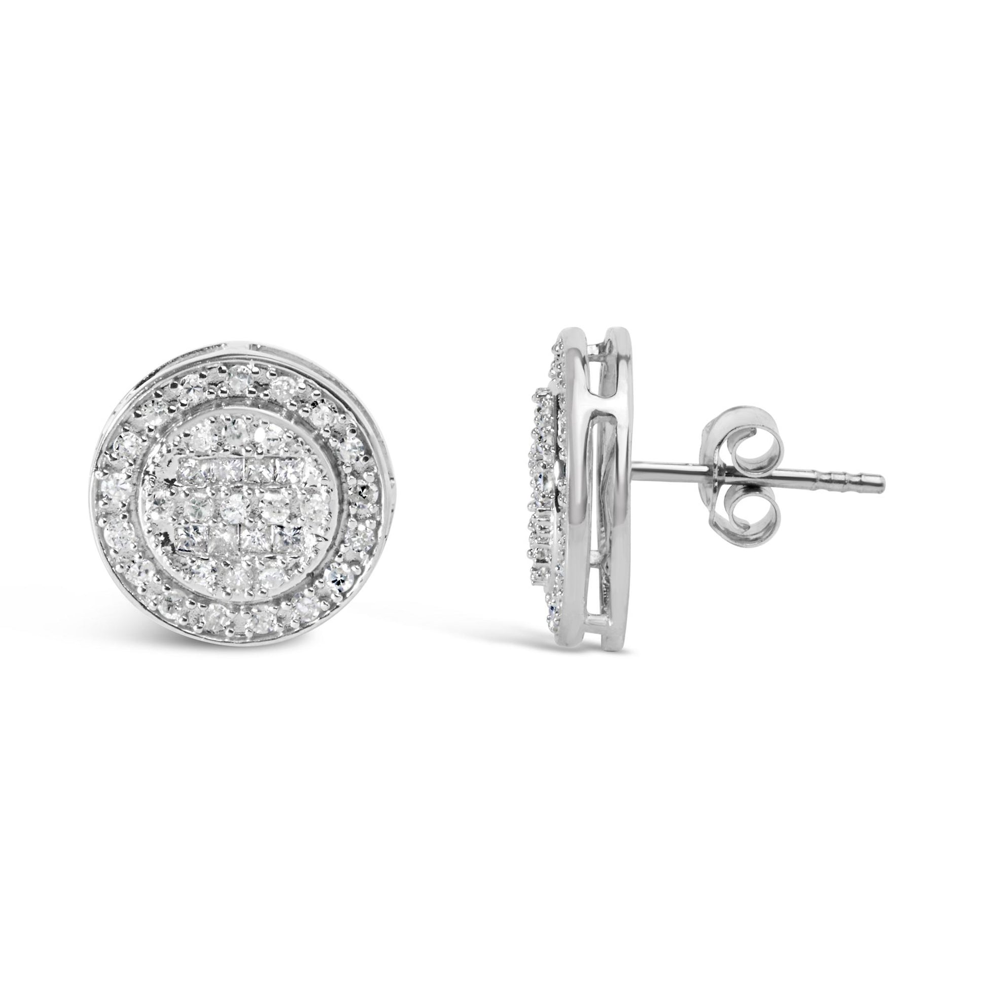 Pair of round white metal earrings with cluster of square and round white gemstones, shown from front and side angles.