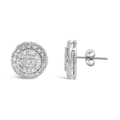 Pair of round white metal earrings with cluster of square and round white gemstones, shown from front and side angles.