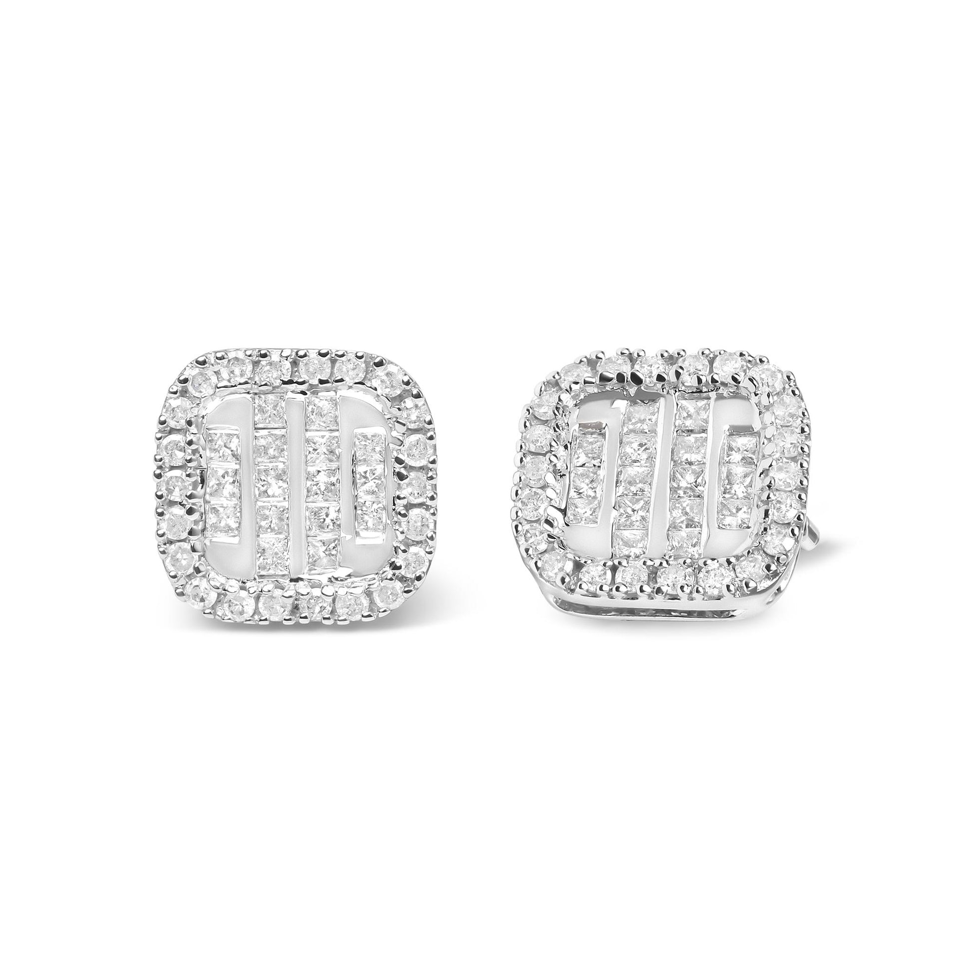 Pair of white metal square-shaped earrings with central rows of princess-cut white gemstones in invisible setting, surrounded by round white gemstones in prong setting, shown from a front angle.