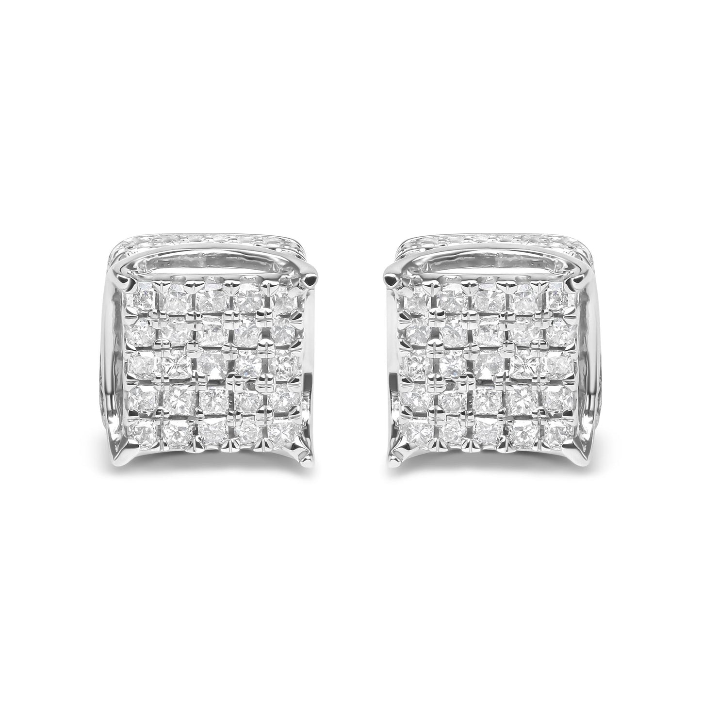 Front-facing view of white metal square-shaped earrings with multiple white princess-cut gemstones in shared prong settings.