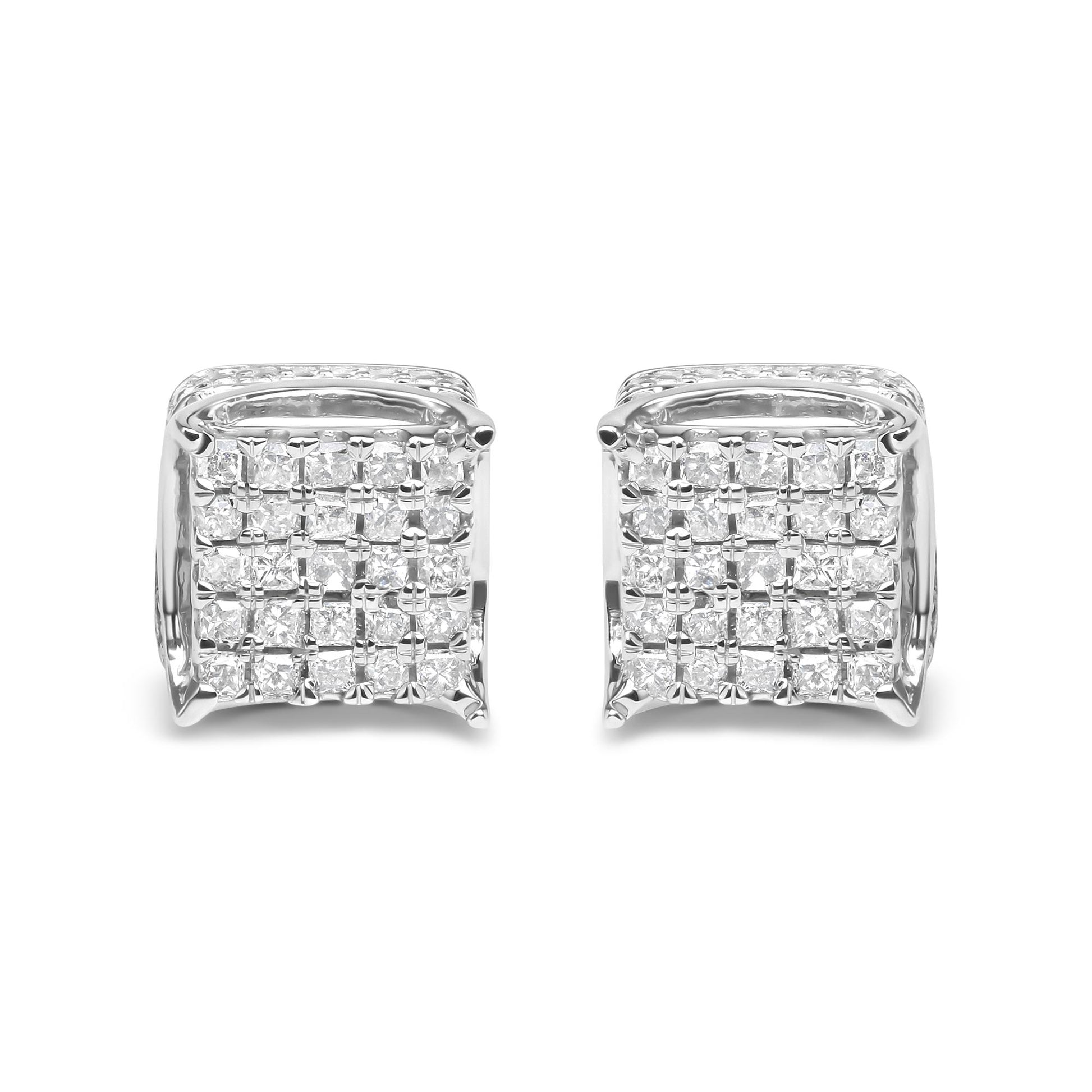 Front-facing view of white metal square-shaped earrings with multiple white princess-cut gemstones in shared prong settings.