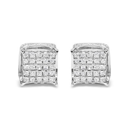 Front-facing view of white metal square-shaped earrings with multiple white princess-cut gemstones in shared prong settings.
