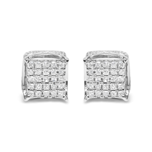 Front-facing view of white metal square-shaped earrings with multiple white princess-cut gemstones in shared prong settings.