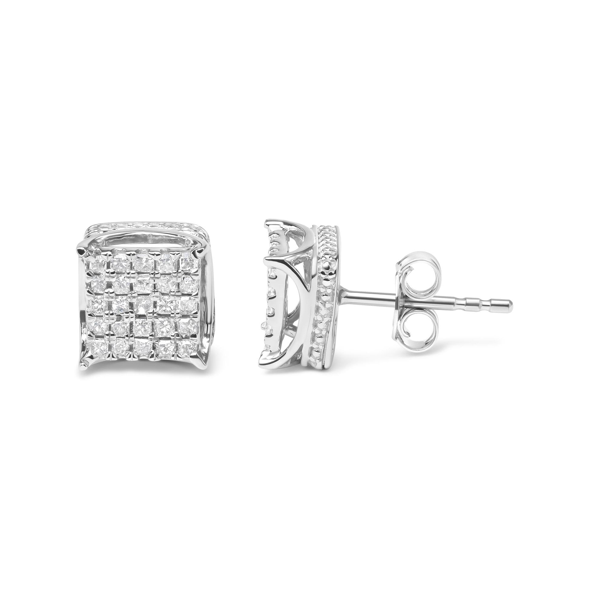 Front and side view of white metal square-shaped stud earrings with multiple white gemstones in shared prong setting.
