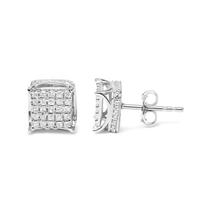 Front and side view of white metal square-shaped stud earrings with multiple white gemstones in shared prong setting.