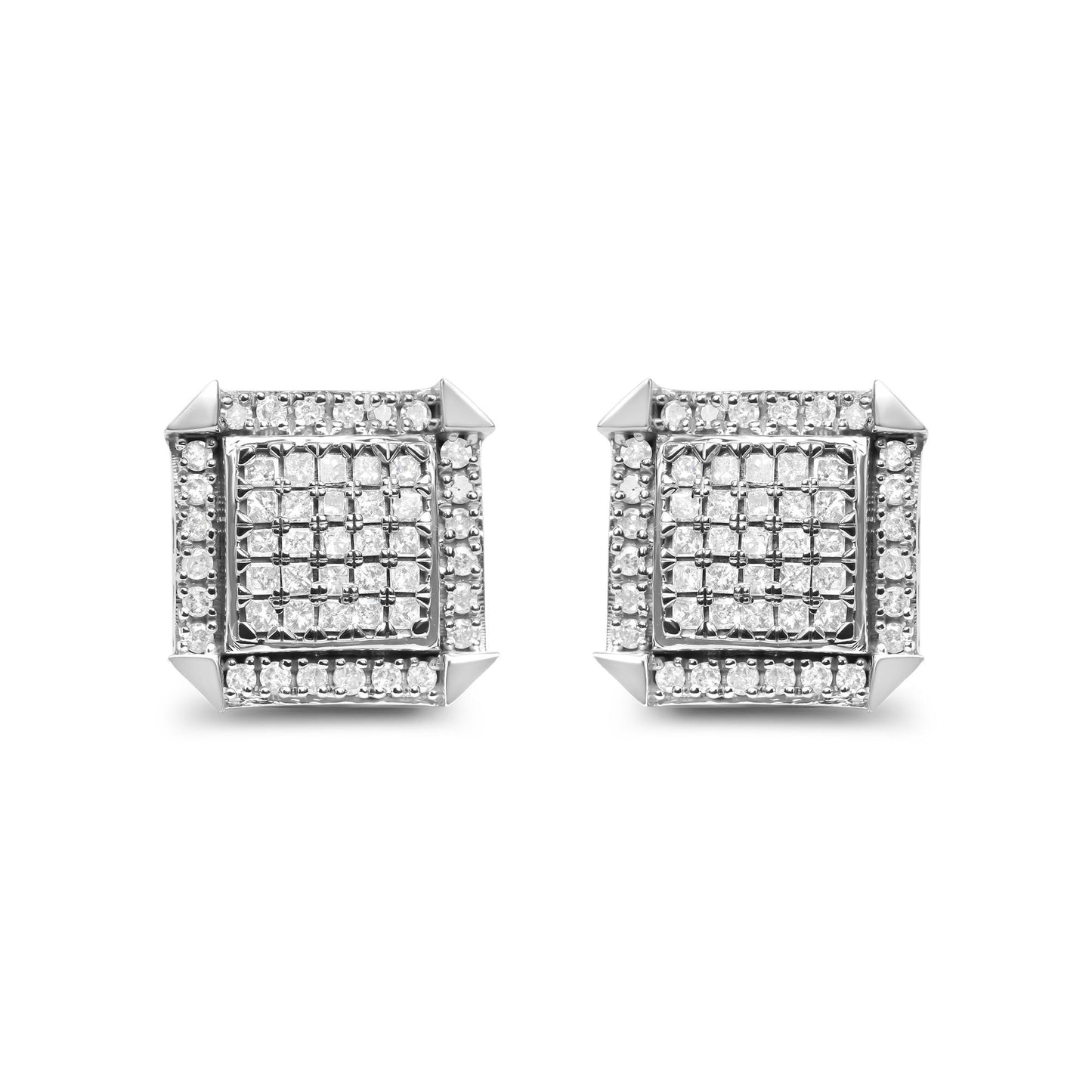 Front view of white metal square-shaped earrings with a center of princess-shaped white gemstones in an invisible setting, surrounded by round white gemstones in prong settings.