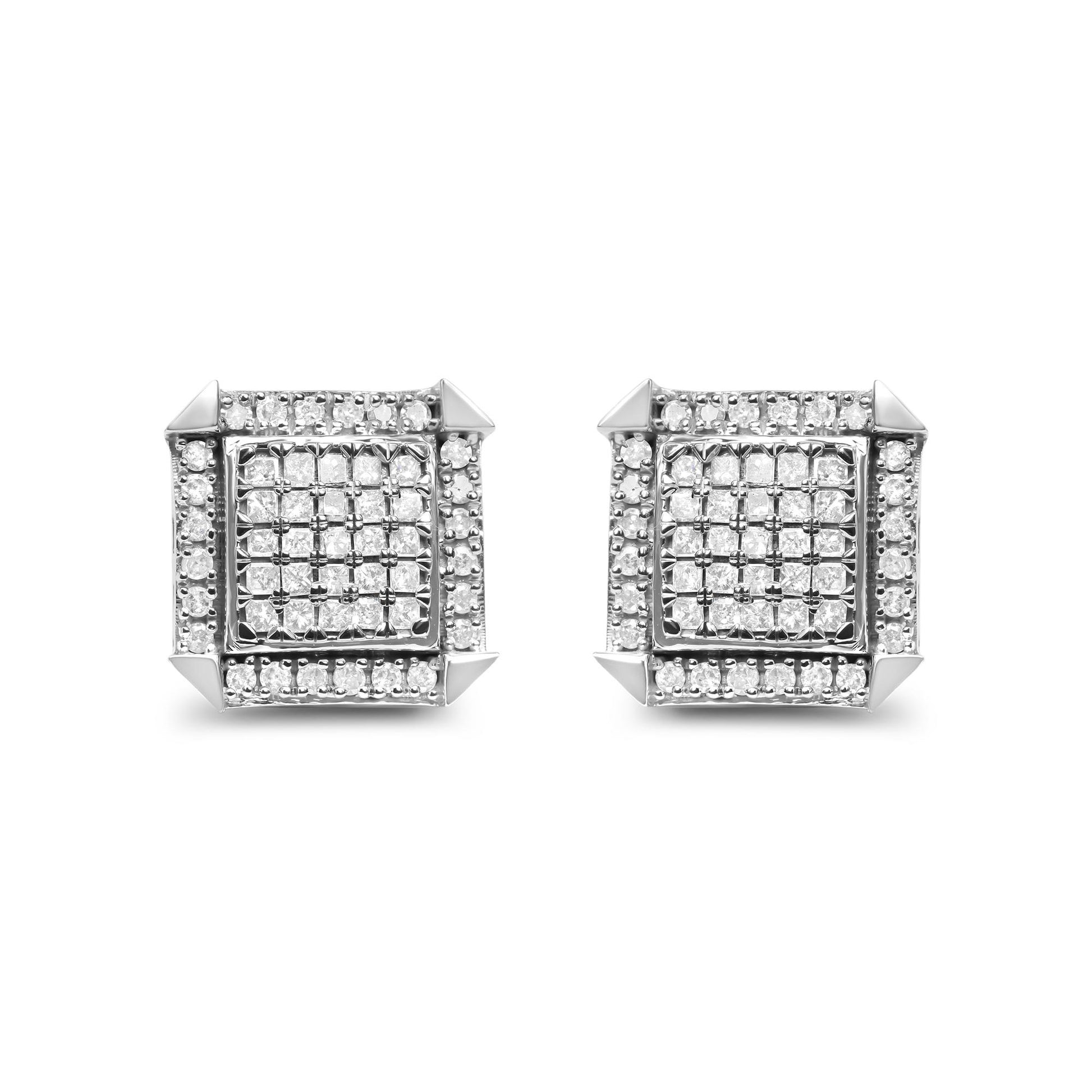 Front view of white metal square-shaped earrings with a center of princess-shaped white gemstones in an invisible setting, surrounded by round white gemstones in prong settings.
