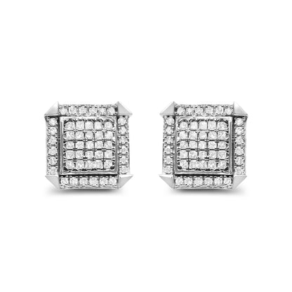 Front view of white metal square-shaped earrings with a center of princess-shaped white gemstones in an invisible setting, surrounded by round white gemstones in prong settings.