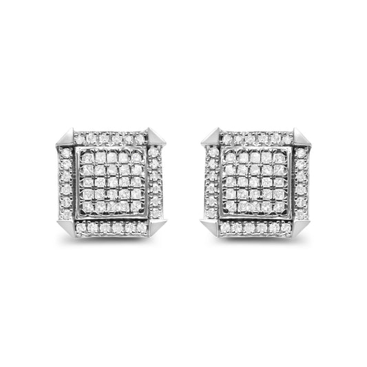 Front view of white metal square-shaped earrings with a center of princess-shaped white gemstones in an invisible setting, surrounded by round white gemstones in prong settings.