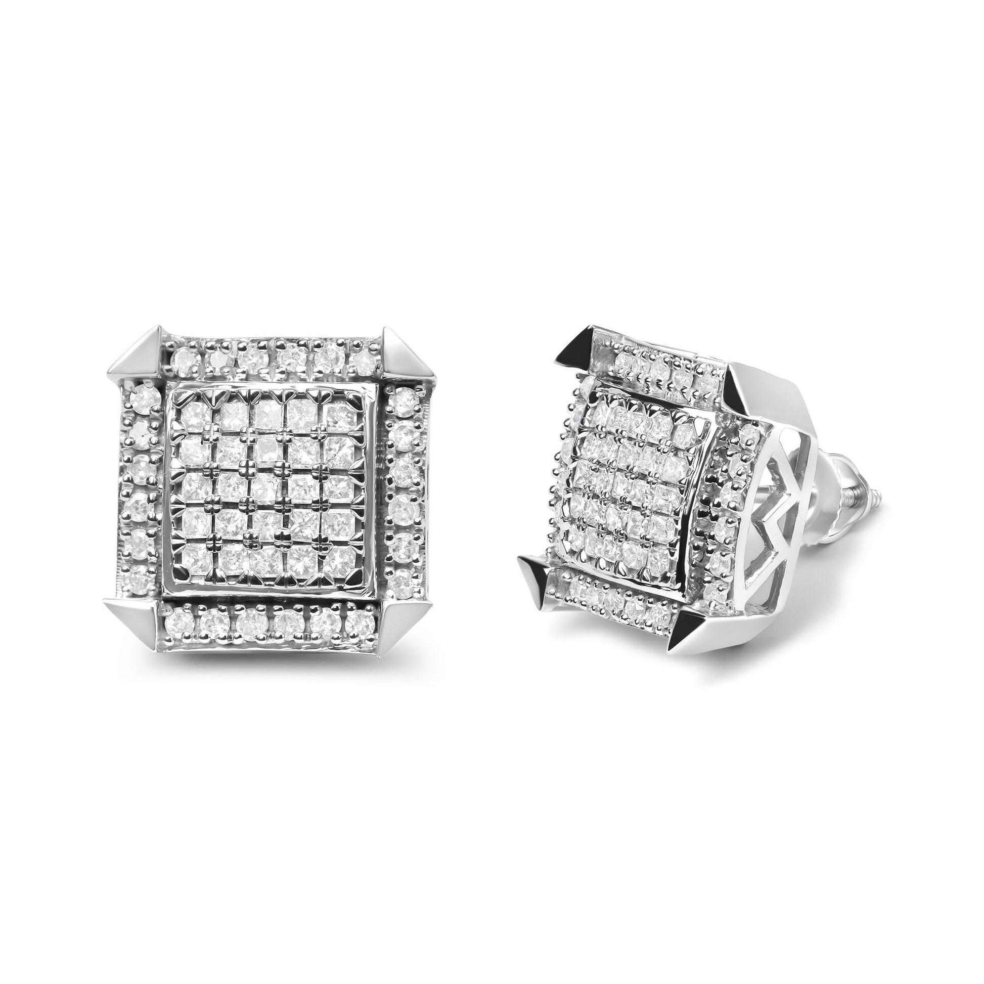 Pair of white metal square-shaped earrings with princess and round white gemstones, one shown front-facing and the other at a slight side angle.