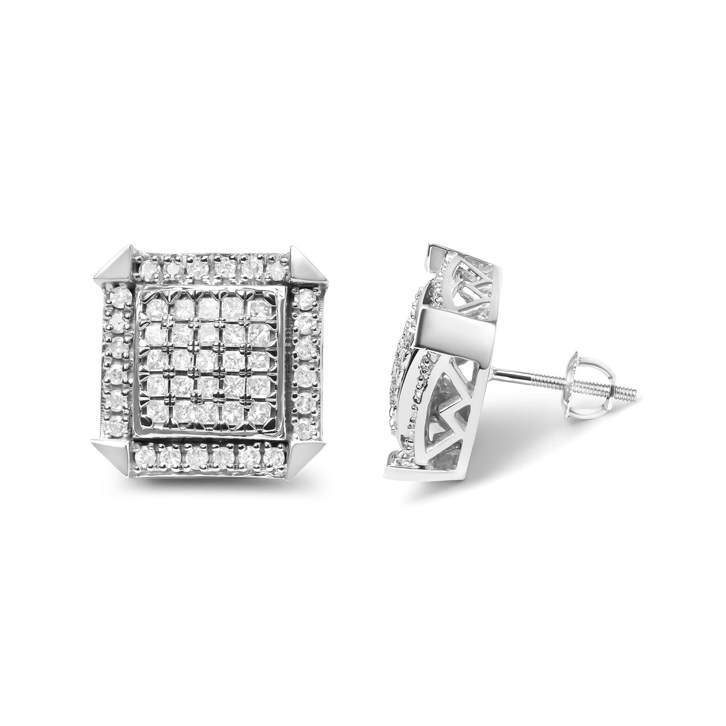 Square white metal stud earrings with princess shape gemstones in invisible setting in the center and round gemstones in prong setting along the edges, shown from front and side angles.