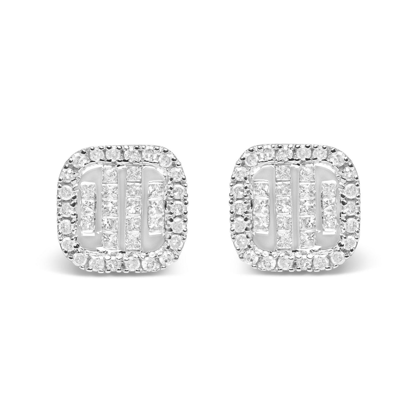 Front-facing image of a pair of white metal square-shaped earrings featuring rows of princess-shaped white gemstones in an invisible setting surrounded by a border of round-shaped white gemstones in prong settings.