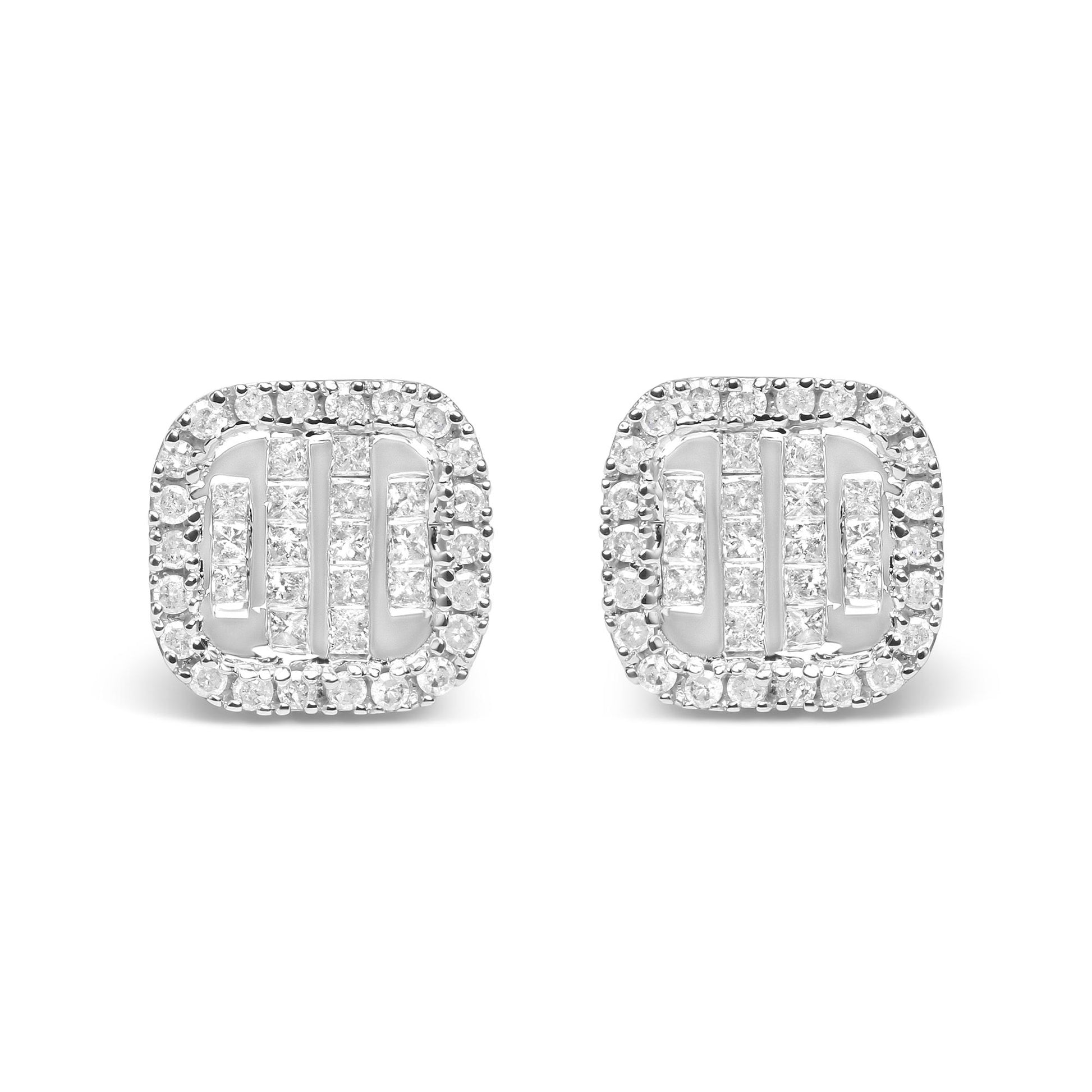 Front-facing image of a pair of white metal square-shaped earrings featuring rows of princess-shaped white gemstones in an invisible setting surrounded by a border of round-shaped white gemstones in prong settings.