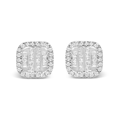 Front-facing image of a pair of white metal square-shaped earrings featuring rows of princess-shaped white gemstones in an invisible setting surrounded by a border of round-shaped white gemstones in prong settings.