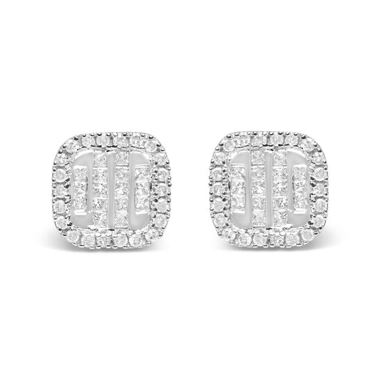 Front-facing image of a pair of white metal square-shaped earrings featuring rows of princess-shaped white gemstones in an invisible setting surrounded by a border of round-shaped white gemstones in prong settings.
