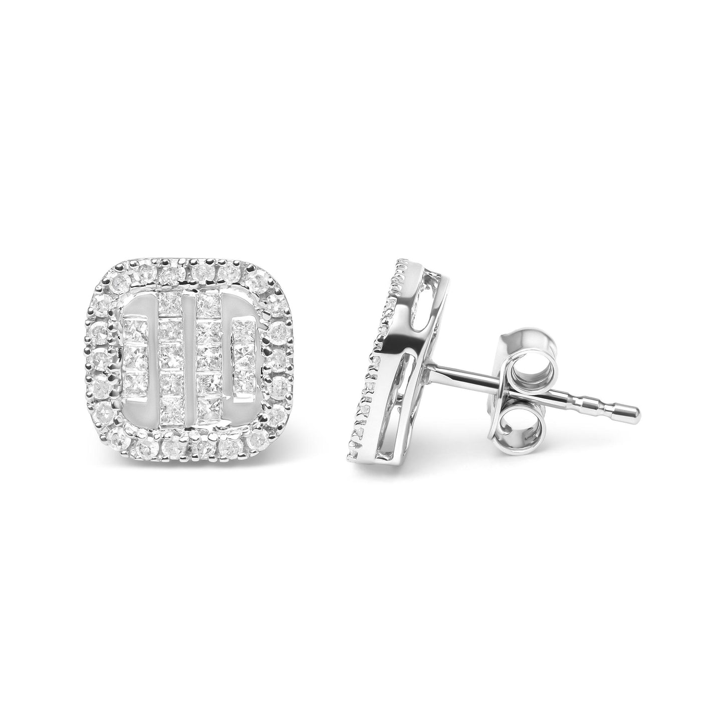 Pair of white metal earrings with a square front featuring princess-shaped gemstones in an invisible setting surrounded by round gemstones in prong settings, shown from front and side angles.