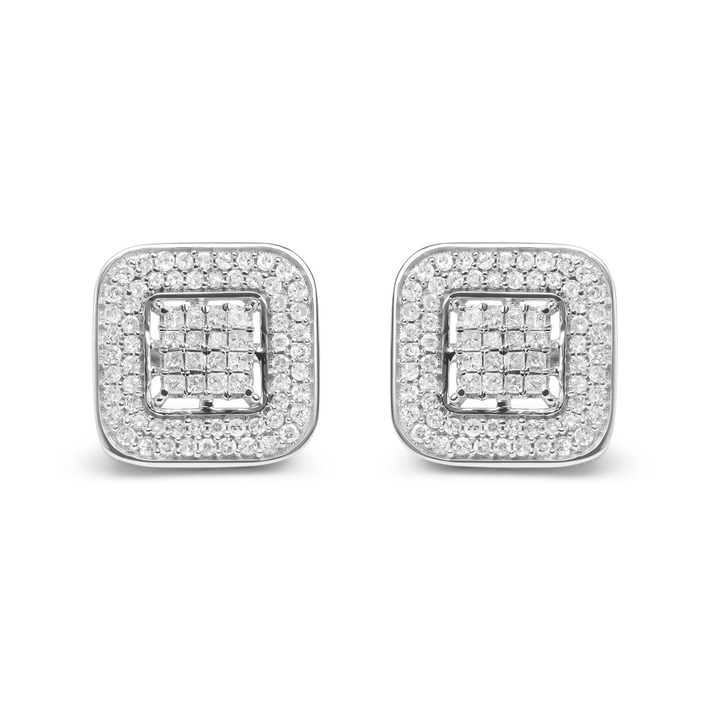 Front view of a pair of square-shaped white metal earrings, featuring a center cluster of square gemstones with an invisible setting, surrounded by a border of round gemstones with prong settings.