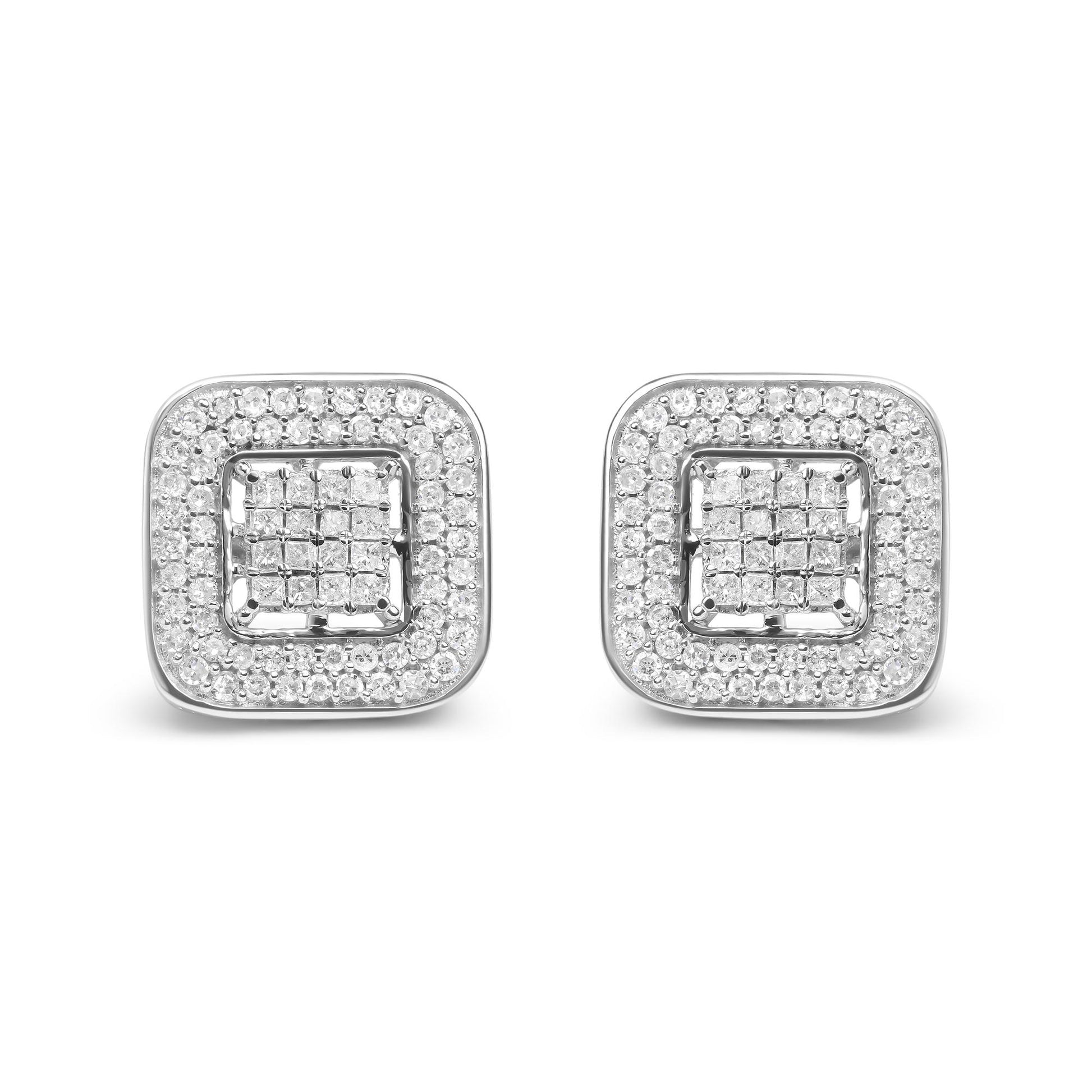 Front view of a pair of square-shaped white metal earrings, featuring a center cluster of square gemstones with an invisible setting, surrounded by a border of round gemstones with prong settings.