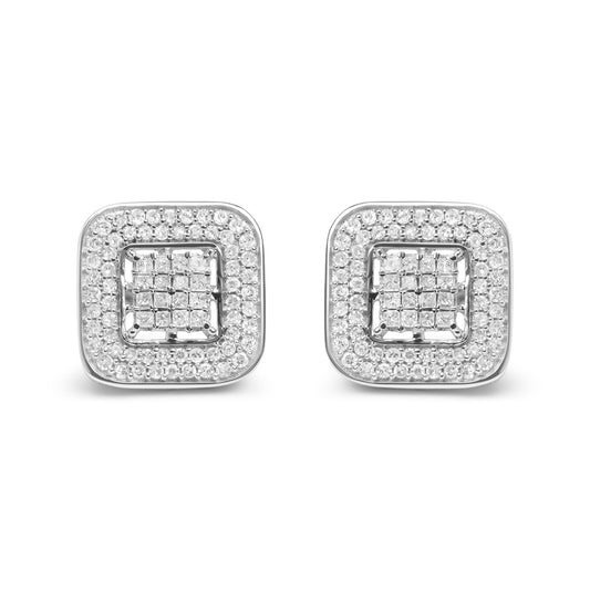 Front view of a pair of square-shaped white metal earrings, featuring a center cluster of square gemstones with an invisible setting, surrounded by a border of round gemstones with prong settings.