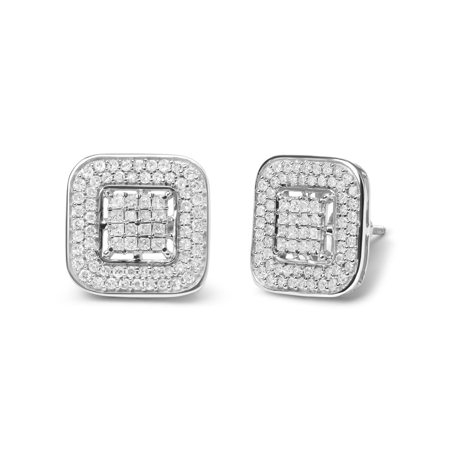 Pair of white metal square-shaped earrings with central cluster of princess-cut white gemstones in invisible settings surrounded by round white gemstones in prong settings, shown in a front angled view.