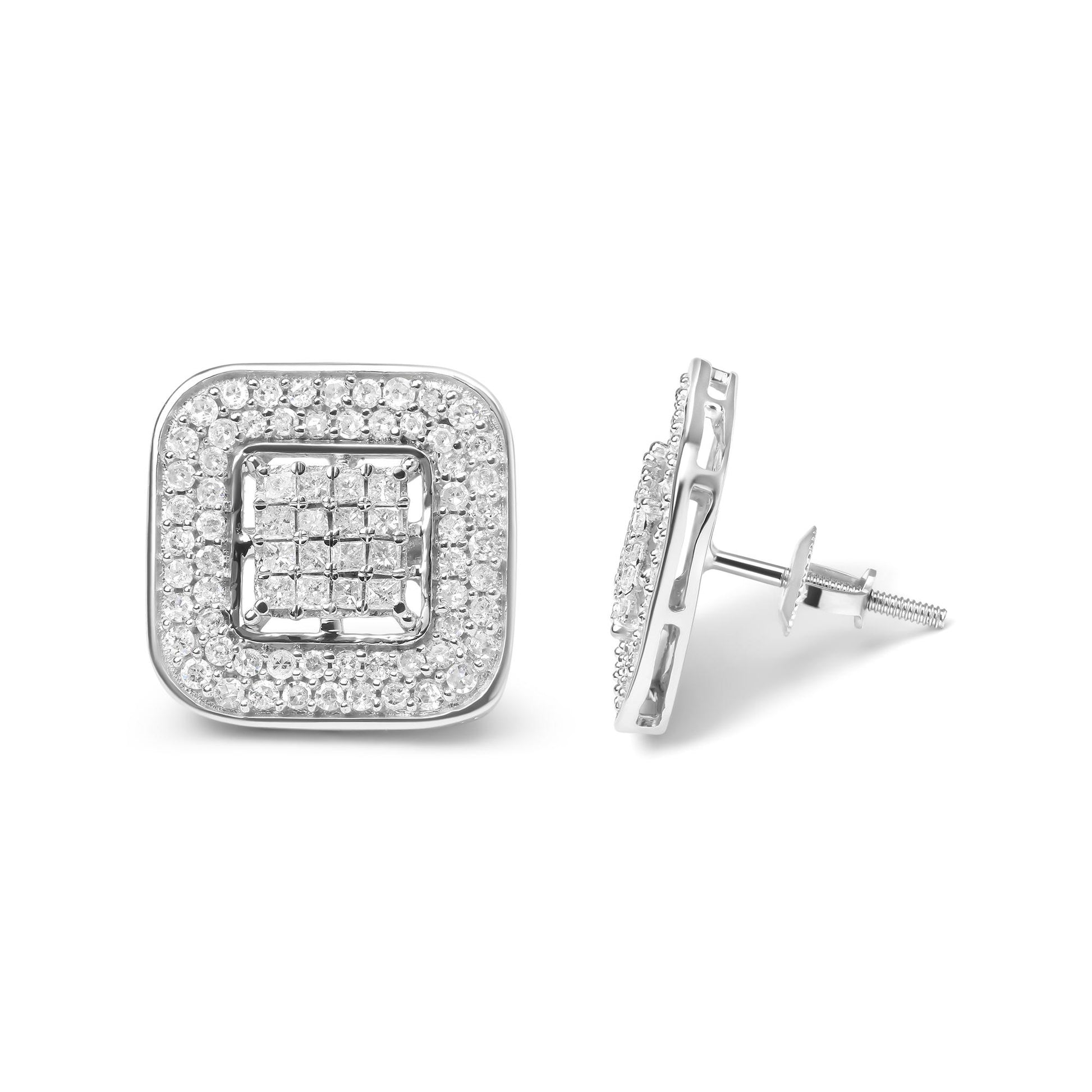 Front and side view of white metal square-shaped earrings with central princess-shaped white gemstones in invisible setting, surrounded by round-shaped white gemstones in prong setting.
