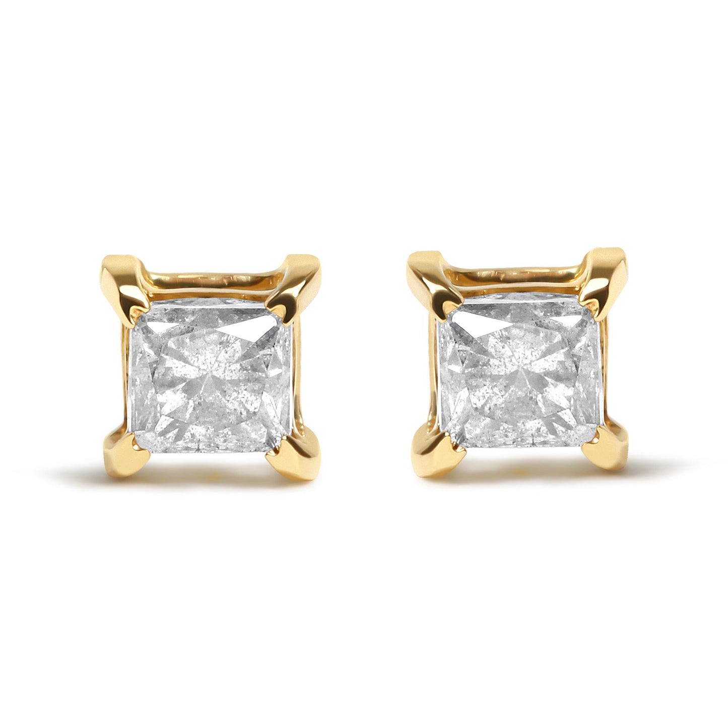 Front view of yellow metal stud earrings with square white gemstones in four-prong settings.