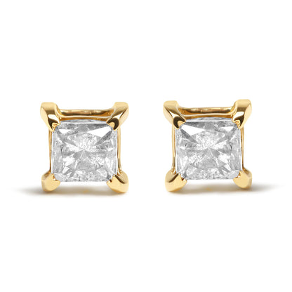 Front view of yellow metal stud earrings with square white gemstones in four-prong settings.
