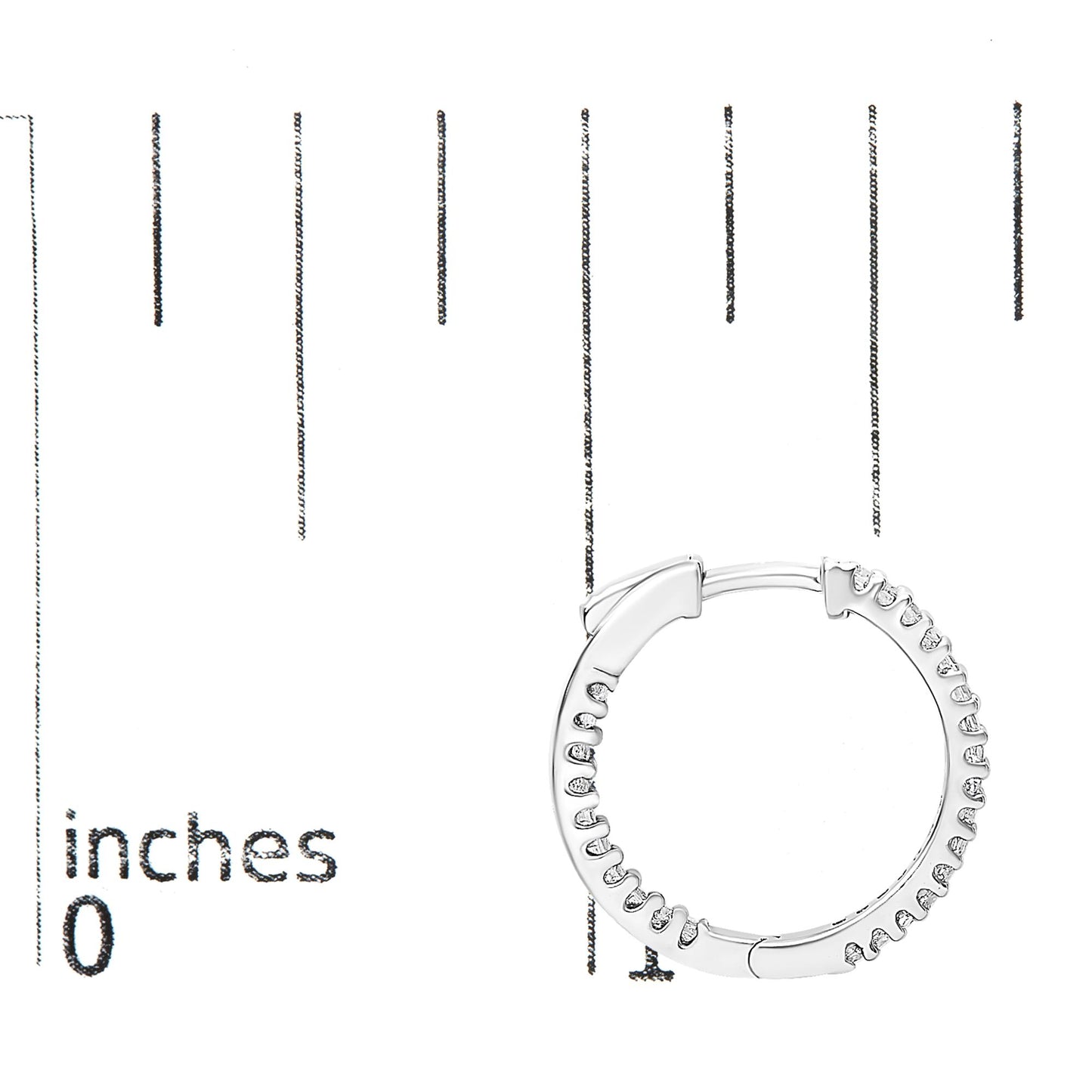 White metal hoop earring with prong-set princess shape white gemstones, shown from the front on a ruler for size reference.