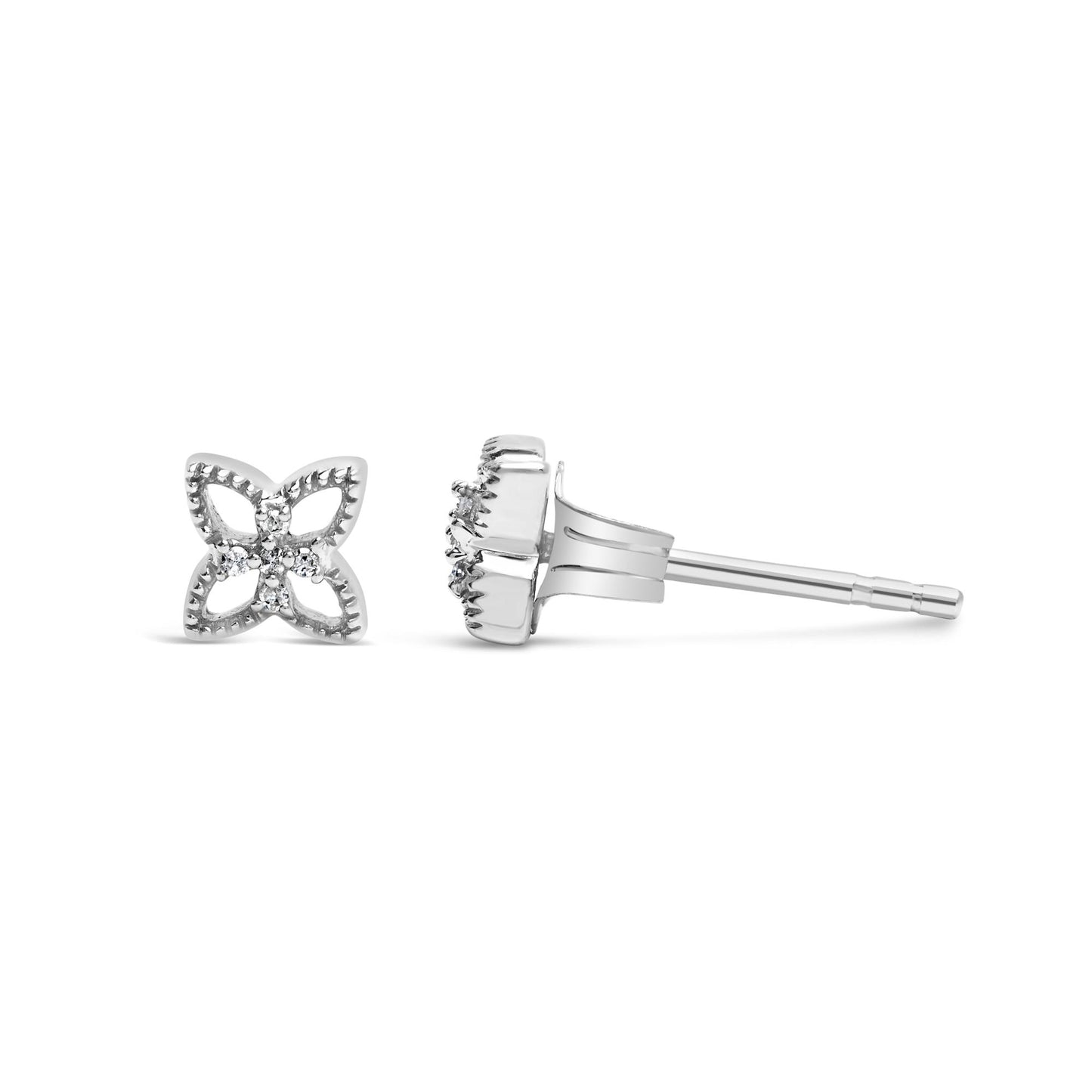 Close-up image of white metal stud earrings with a flower-shaped design featuring round prong-set white gemstones, shown from front and side angles.