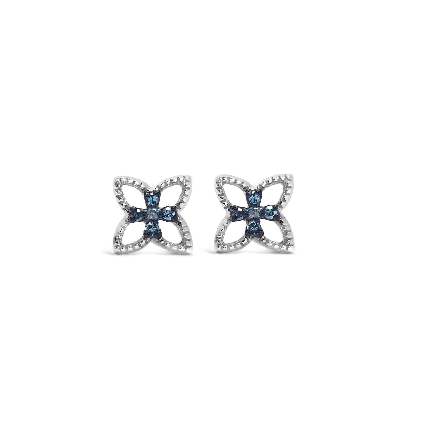 Pair of white metal earrings with a floral design featuring round blue gemstones in prong settings, shown from the front on a white background.